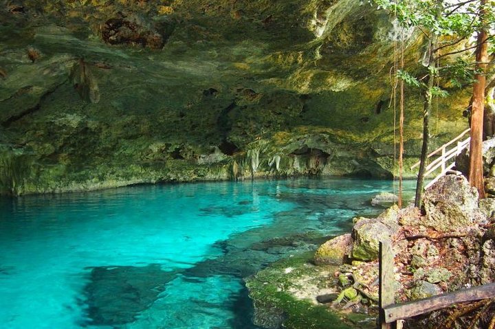 The turquoise water of a cavern cenote near Tulum, with rock overhangs and hanging vines