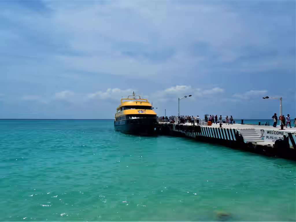 A passenger ferry moored at the Playa del Carmen pier over clear green-blue water