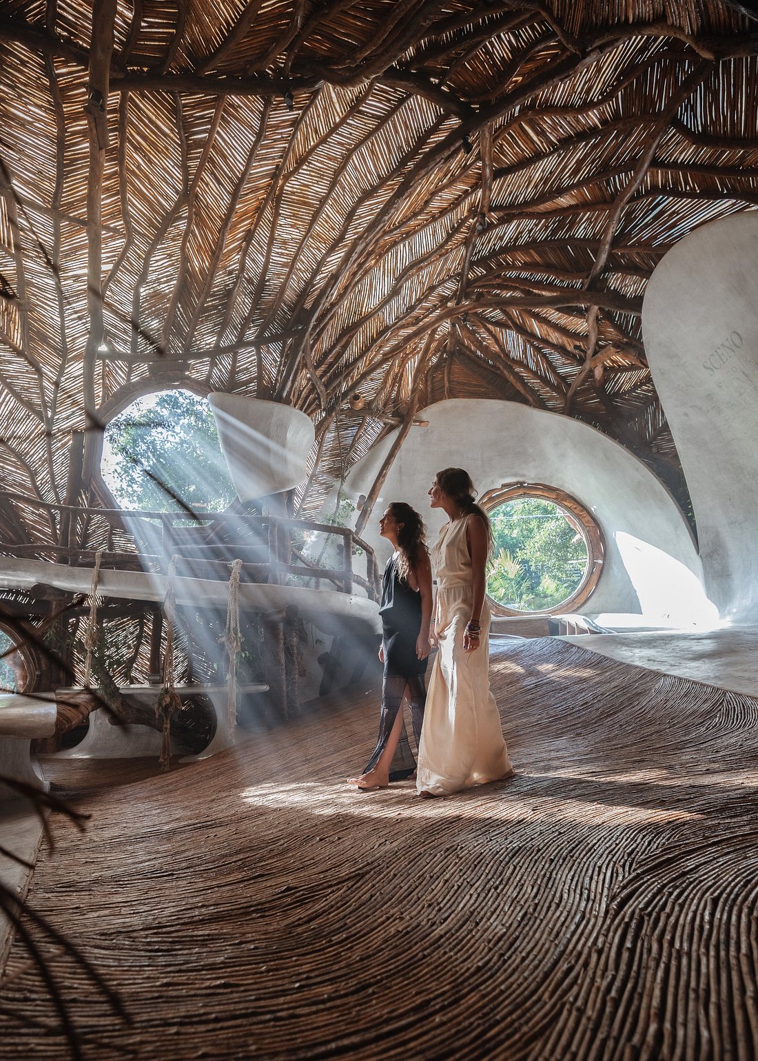 Sunlight streaming through the sculptural vine-and-concrete interior of the SFER IK gallery at Azulik