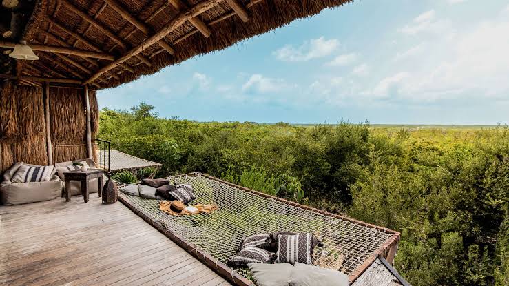 A thatched treetop terrace with a net hammock and cushions overlooking the jungle canopy at Radhoo Tulum