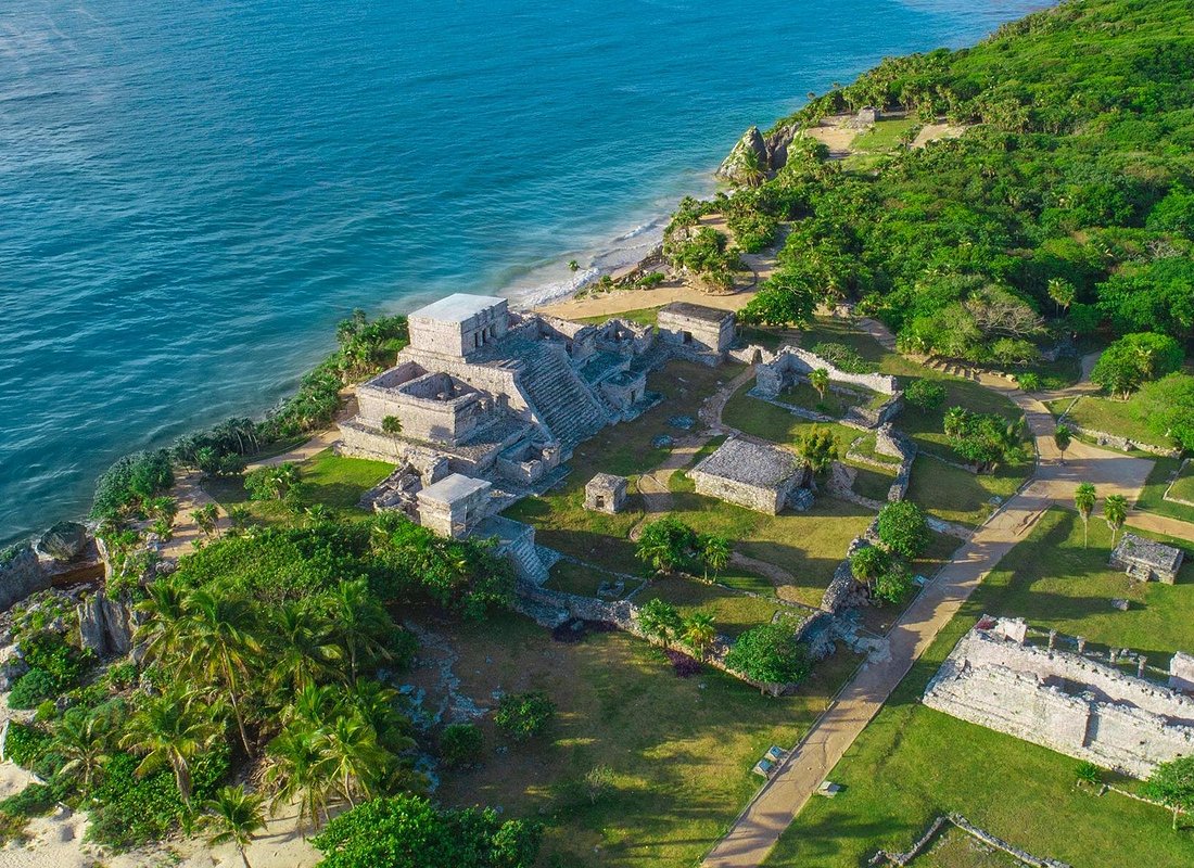 Aerial view of the Tulum ruins on the coast